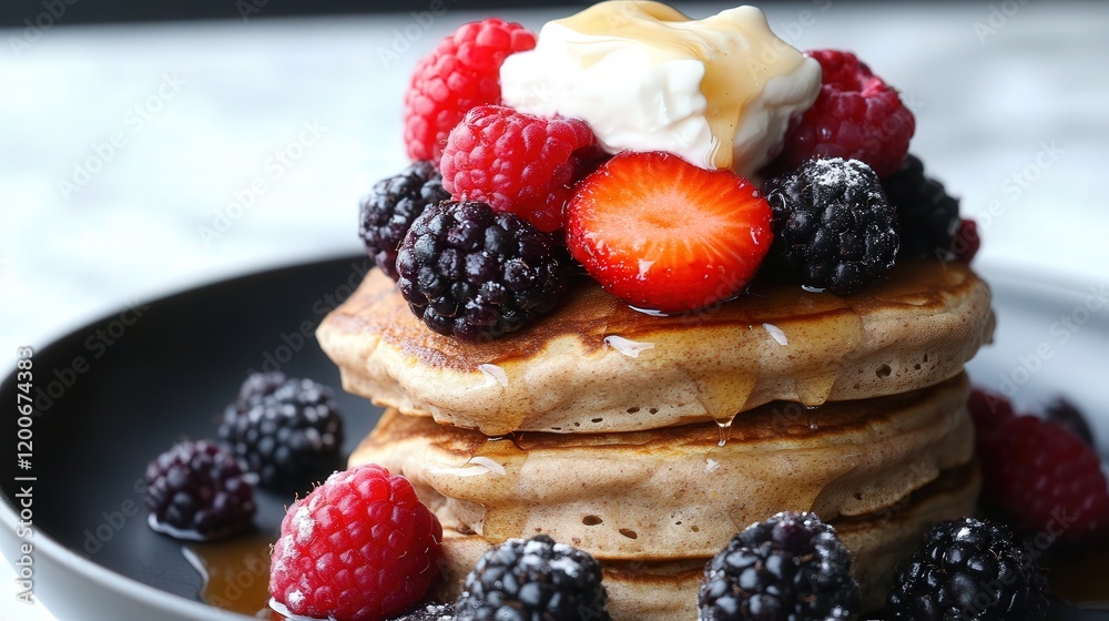 stack of fluffy vegan pancakes topped with fresh berries, maple syrup, and a dollop of coconut cream stack of fluffy vegan pancakes topped with fresh berries, maple syrup, and a dollop of coconut cream