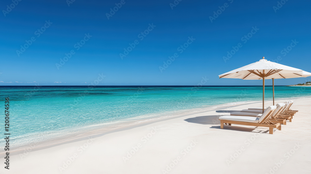 Obraz premium serene beach with sun loungers and umbrellas under clear blue sky