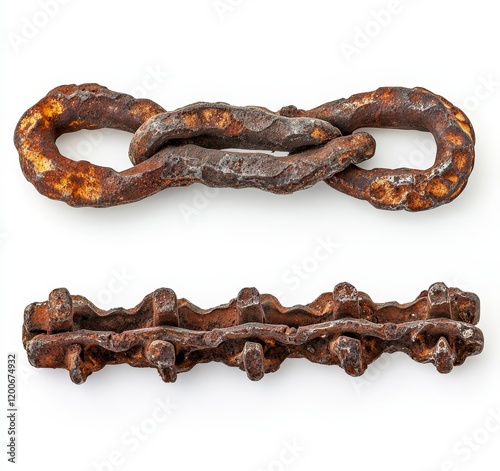 Two rusty metal chains, one linked, one straight, isolated on white. photo