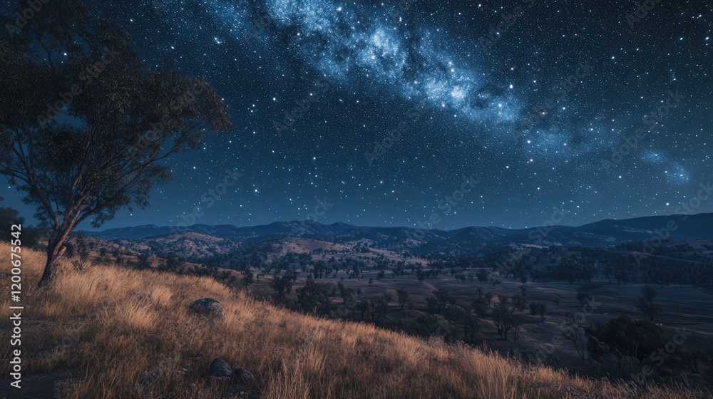 Naklejka premium stunning view of the starry night sky above a remote hilltop, where the stars seem so close and bright that they almost feel touchable,