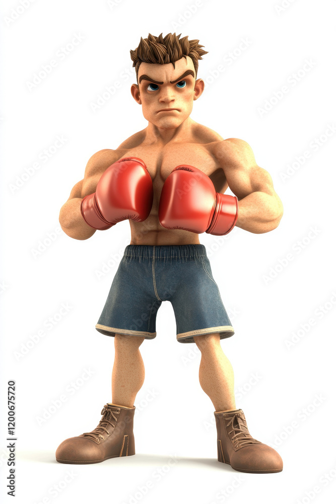 Animated male boxer with fierce expression, wearing red gloves and blue shorts, displaying readiness for a match. Animated male boxer with fierce expression, wearing red gloves and blue shorts, displaying readiness for a match.