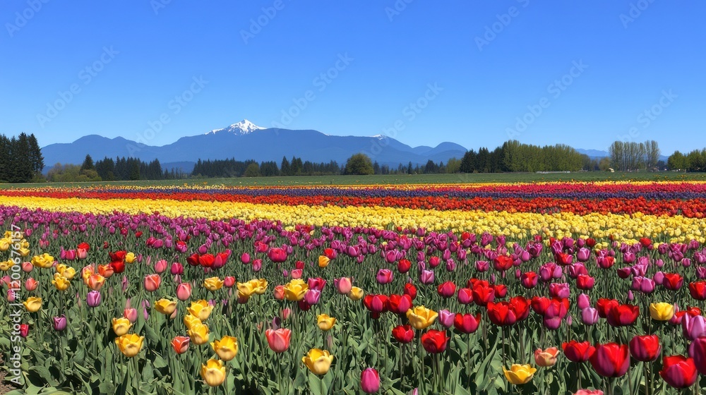 Vibrant Tulip Field in Full Bloom Under a Clear Sky Vibrant Tulip Field in Full Bloom Under a Clear Sky