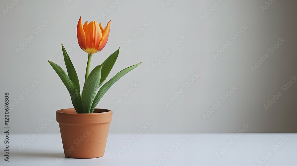 A fresh tulip in a small ceramic pot, elegantly placed, showcasing vibrant petals just blooming against a soft white backdrop. A fresh tulip in a small ceramic pot, elegantly placed, showcasing vibrant petals just blooming against a soft white backdrop.