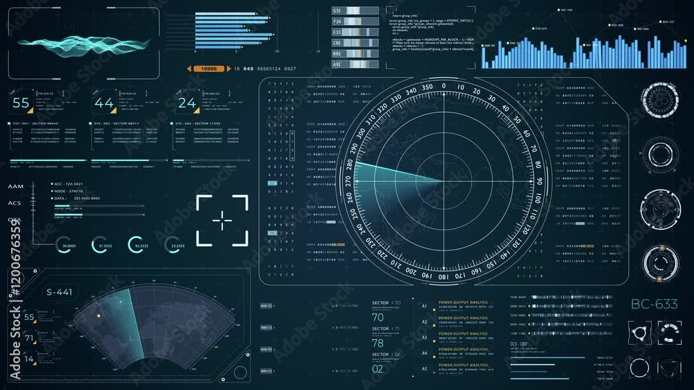 Motion graphic of Blue color sonar radar screen searching an object with futuristic head up display (HUD UI) technology interface screen and chat panel abstract background video concepts
