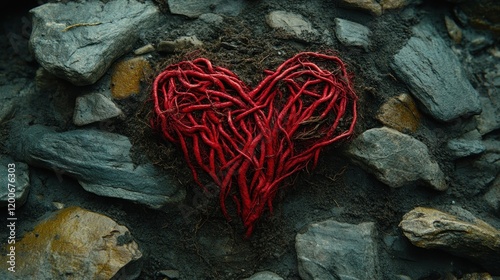 A crimson heart-shaped root system nestled amongst dark stones, a poignant image of resilience and love amidst harshness.