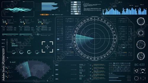 Motion graphic of Blue color sonar radar screen searching an object with futuristic head up display (HUD UI) technology interface screen and chat panel abstract background video concepts