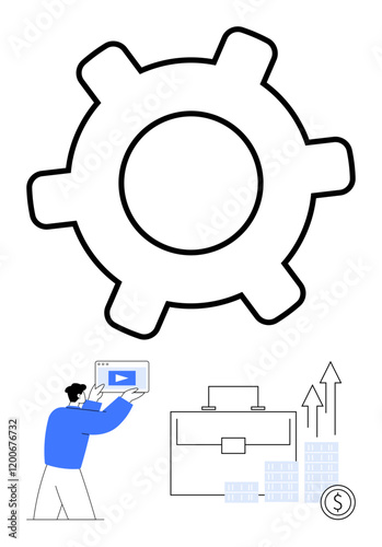Man holding tablet, large gear above, briefcase, ascending arrows, coin stack. Ideal for business growth, technology integration, financial success, productivity enhancement market analysis