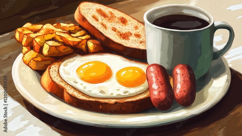 American breakfast with eggs, sausage links, hash browns, and toast, served with a mug of coffee and a side of fruit American breakfast with eggs, sausage links, hash browns, and toast, served with a mug of coffee and a side of fruit