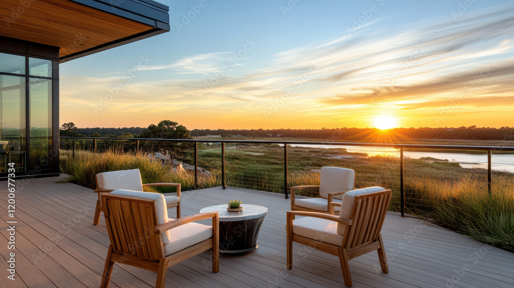 Fototapeta premium serene sunset view from rooftop terrace with stylish seating