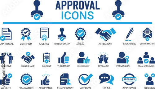 Approval icon set. Containing accept, certified, thumps up, agreement, approve, validation, seal approved, confirmation and decision icons. Solid icon set. Vector illustration.