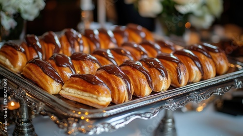 clairs filled with creamy custard, topped with glossy chocolate icing, ready to be served at an elegant dessert table photo