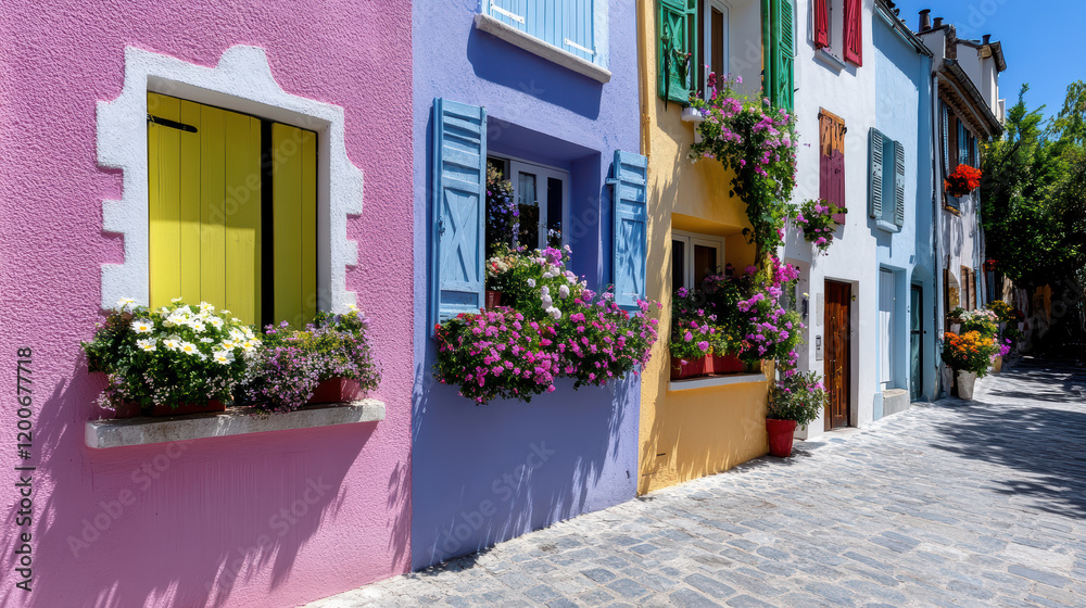 Fototapeta premium Colorful buildings with flower boxes on quaint street in Paris