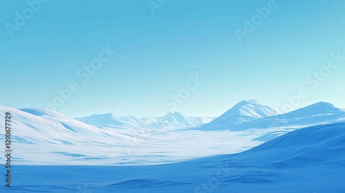 Wallpaper Mural vast Arctic tundra landscape with rolling hills covered in snow, a clear blue sky overhead, and a distant mountain range in the background. Torontodigital.ca