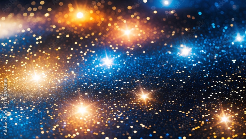Naklejka premium A mesmerizing display of glowing glitter and sparkling lights, emulating a magical cosmic scene full of brilliant colors including gold and blue.