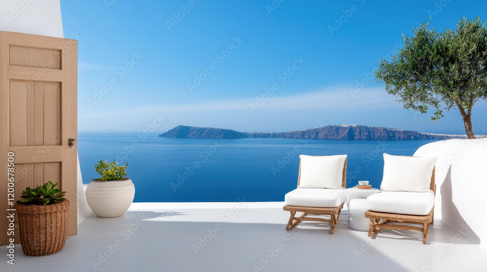 Fototapeta premium serene view of caldera from cliffside terrace with chairs