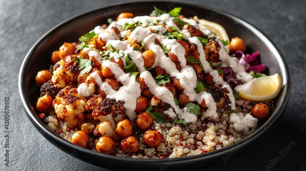 vegan bowl with quinoa, roasted cauliflower, chickpeas, and a lemon tahini dressing served on a black plate vegan bowl with quinoa, roasted cauliflower, chickpeas, and a lemon tahini dressing served on a black plate