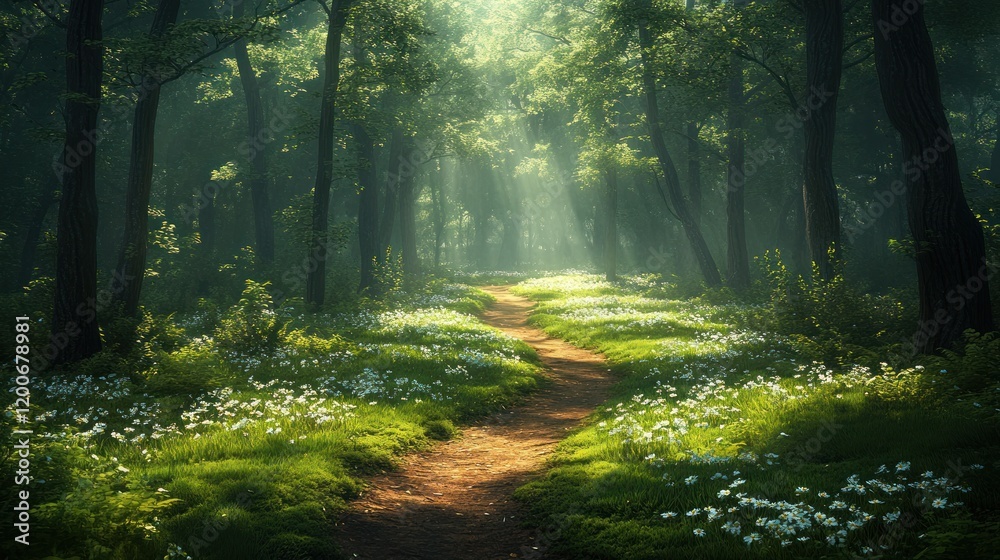 Fototapeta premium Peaceful Pathway Through Spring Forest Surrounded by Soft Light