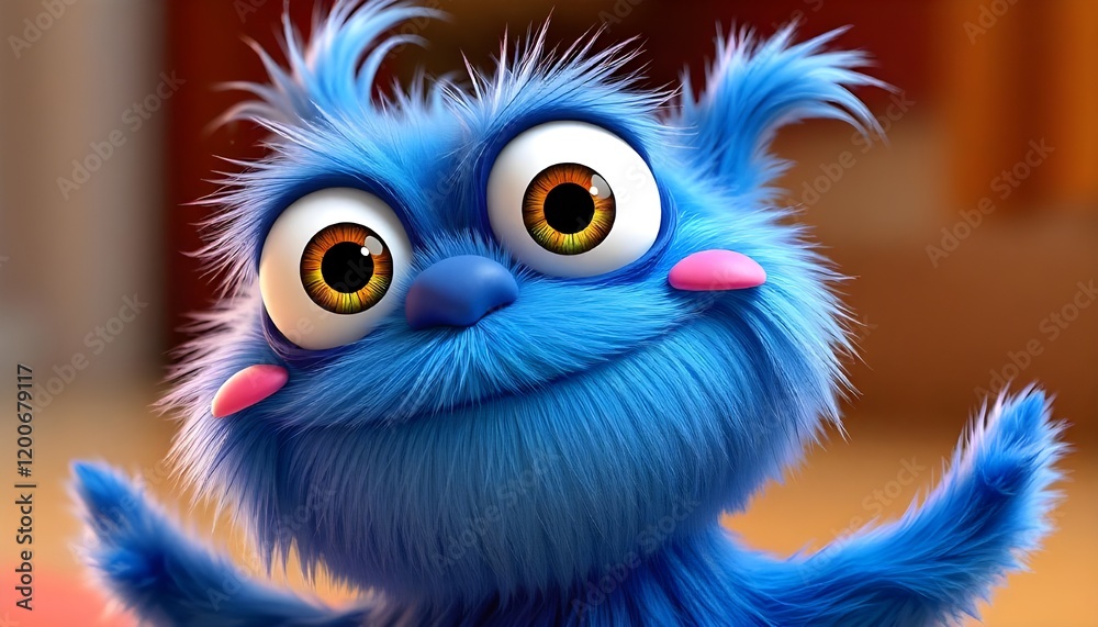 Fototapeta premium A lovable 3D cartoon character of a blue furry monster featuring big, expressive eyes and a warm, friendly smile.
