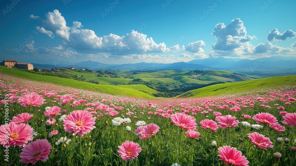 Picturesque Countryside with Rolling Hills and Colorful Flowers Picturesque Countryside with Rolling Hills and Colorful Flowers