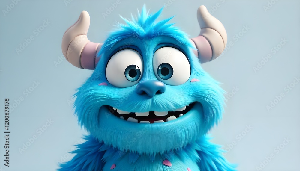 A lovable 3D cartoon character of a blue furry monster featuring big, expressive eyes and a warm, friendly smile. A lovable 3D cartoon character of a blue furry monster featuring big, expressive eyes and a warm, friendly smile.