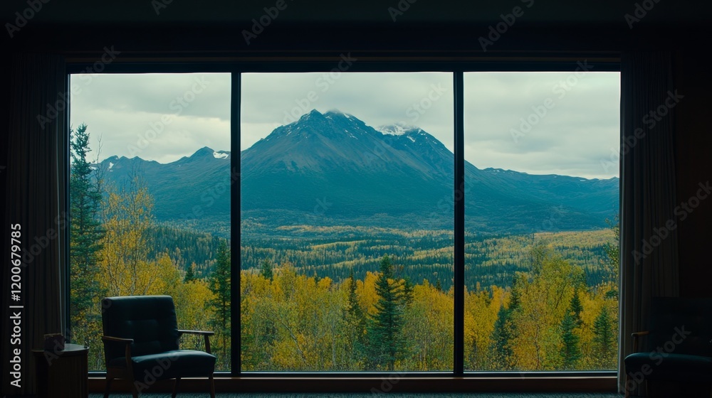 Fototapeta premium Autumnal Mountain Vista Through Panoramic Window