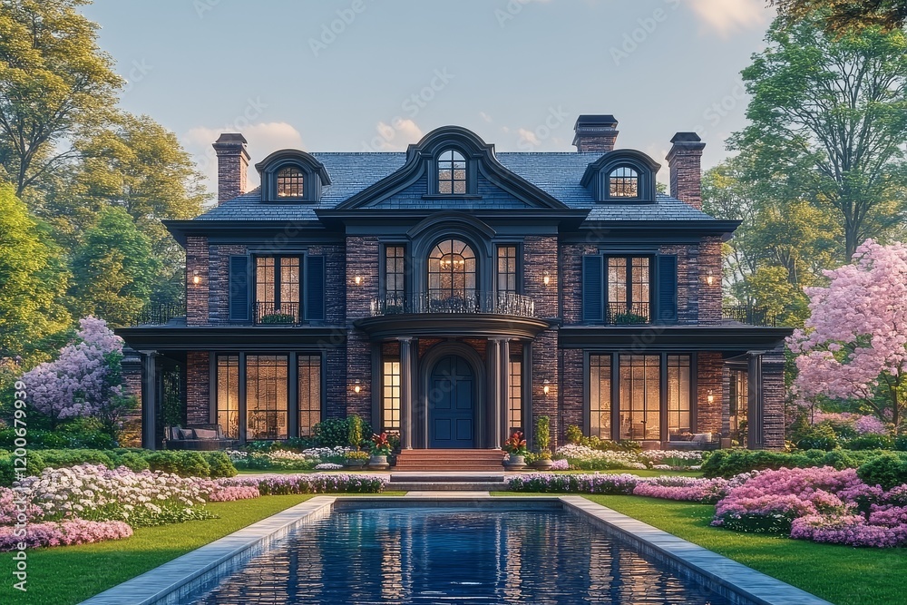 Classic colonial-style house with symmetrical windows, blue accents, and a traditional gable roof, large backyard with pool and blooming spring flowers. Classic colonial-style house with symmetrical windows, blue accents, and a traditional gable roof, large backyard with pool and blooming spring flowers.