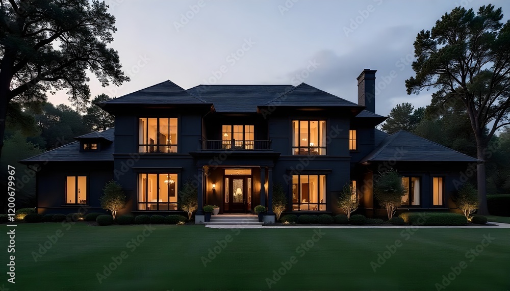 Elegant Black Mansion at Twilight, Highland Park, Texas Elegant Black Mansion at Twilight, Highland Park, Texas