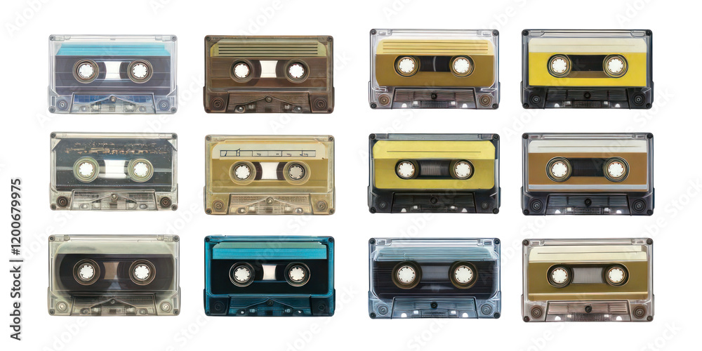 Fototapeta premium Vintage Cassette Tapes Collection Displayed in Rows,PNG set collection, isolated on transparent background