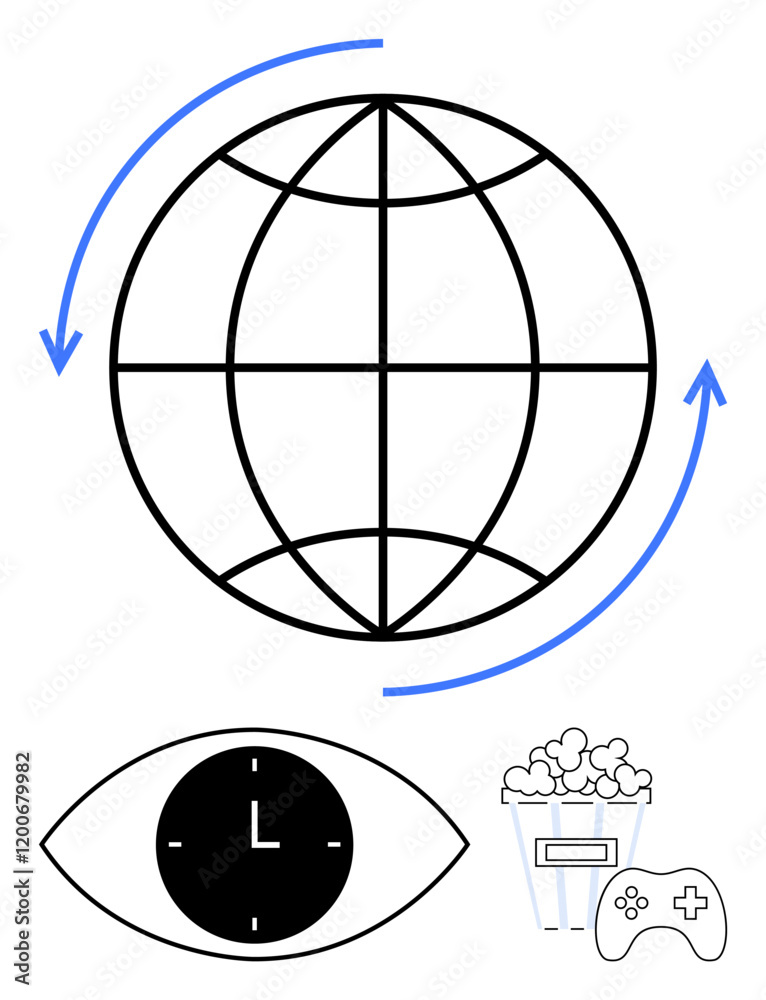 Obraz premium Globe with rotation arrows, clock within an eye, popcorn, and game controller. Ideal for digital media, entertainment, time management, global access, streaming gaming abstract line flat metaphor