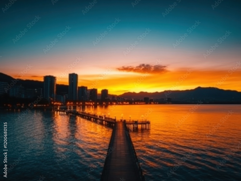 Obraz premium Serene Twilight in Lakeside City - Tranquil Urban Scene with Orange to Deep Blue Skies Reflecting on Water