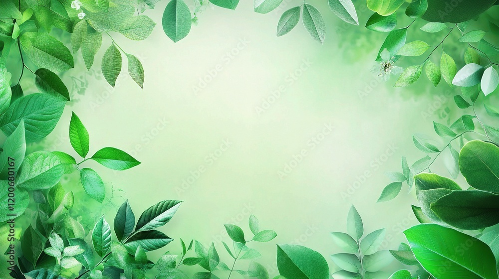 Green Leaves Frame: A vibrant frame of lush green leaves encircles a soft green background, inviting viewers to add their own messages or designs, perfect for spring or summer themes. Green Leaves Frame: A vibrant frame of lush green leaves encircles a soft green background, inviting viewers to add their own messages or designs, perfect for spring or summer themes.