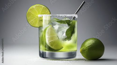 Refreshing cocktail with lime and mint, garnished with lime slices photo