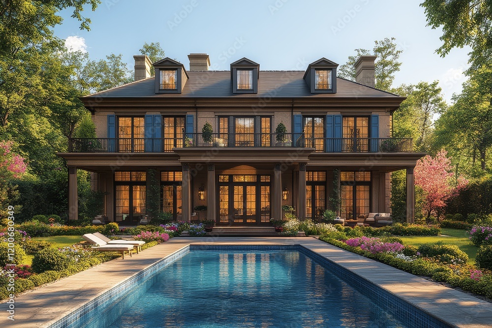 Classic colonial-style house with symmetrical windows, blue accents, and a traditional gable roof, large backyard with pool and blooming spring flowers. Classic colonial-style house with symmetrical windows, blue accents, and a traditional gable roof, large backyard with pool and blooming spring flowers.