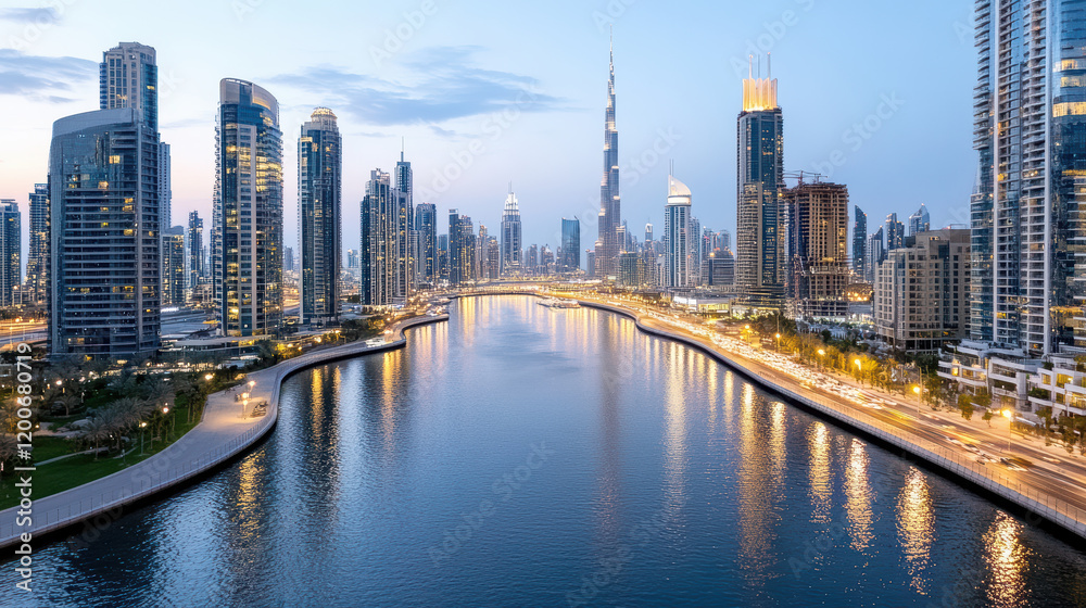 Aerial view of Dubai skyline at dusk, showcasing illuminated buildings and water Aerial view of Dubai skyline at dusk, showcasing illuminated buildings and water