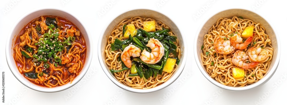 Three bowls of delicious noodle dishes with shrimp, vegetables, and sauces. Three bowls of delicious noodle dishes with shrimp, vegetables, and sauces.