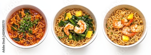 Three bowls of delicious noodle dishes with shrimp, vegetables, and sauces. photo