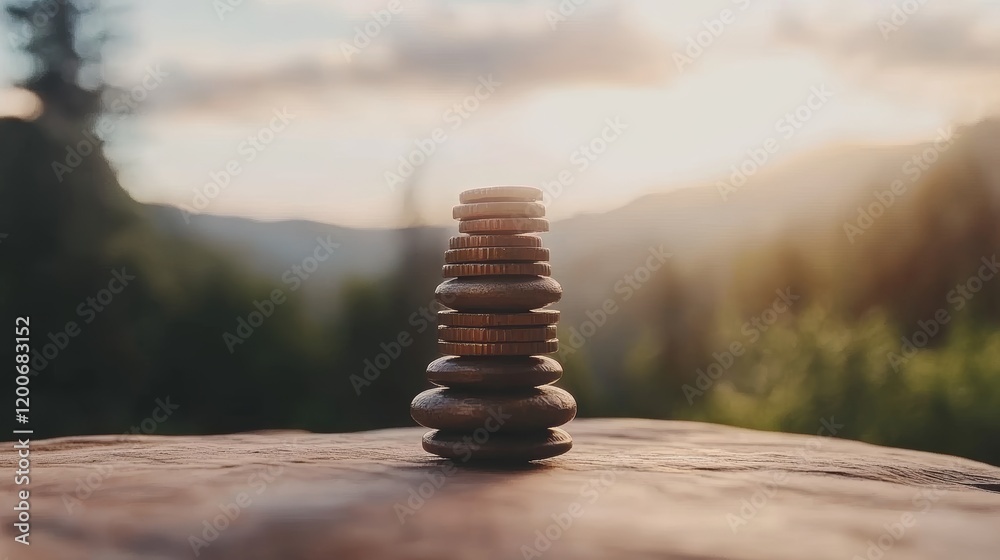 Obraz premium Balanced Stones and Coins at Sunset in Mountains