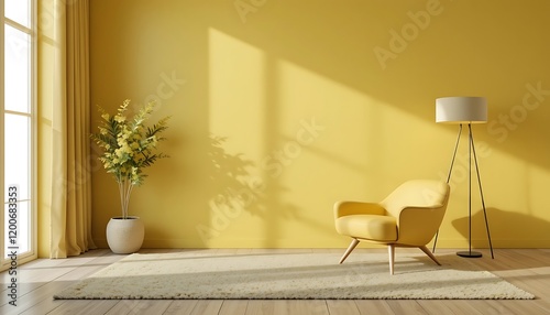 Modern minimalist living room interior design with yellow walls, a comfy yellow armchair, and a floor lamp, sunlight streaming in