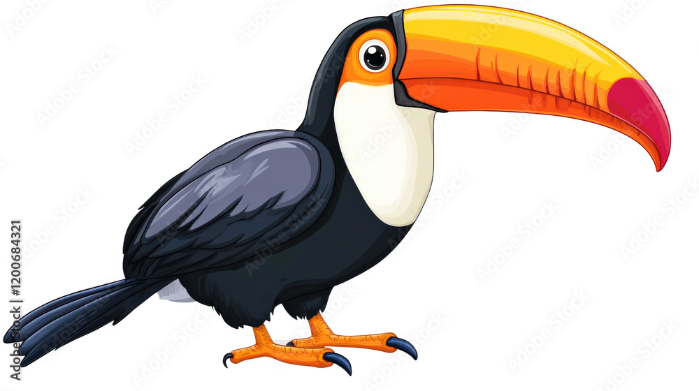 Naklejka premium Colorful toucan with a large beak standing on a white background in a playful style isolated on transparent background
