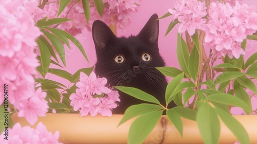 Black Kitten Amidst Blooming Pink Rhododendrons photo