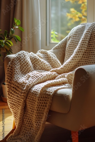 A cozy armchair with beige knitted blanket draped over it, warm sunlight coming from the window
