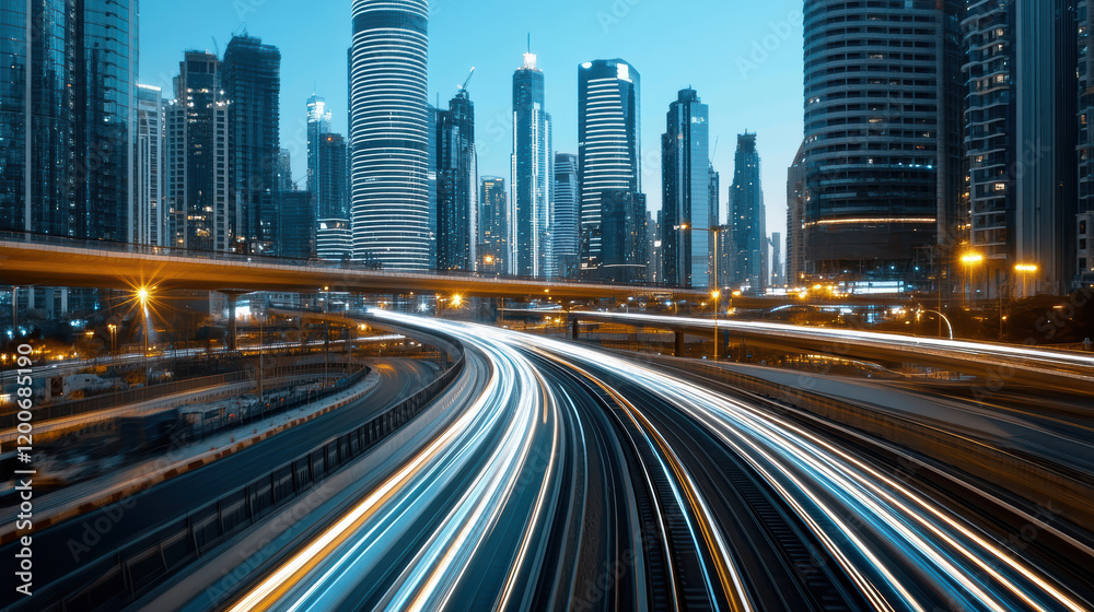 Fototapeta premium Futuristic urban area with smart traffic management and skyscrapers