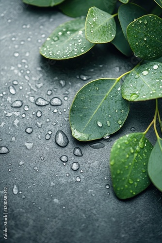 Close-up of eucalyptus leaves and water droplets on a grey background