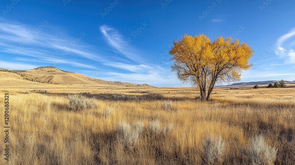 prairie in the fall, with the grasses turning golden and the occasional tree showing autumn colors, under a vibrant, clear blue sky. prairie in the fall, with the grasses turning golden and the occasional tree showing autumn colors, under a vibrant, clear blue sky.