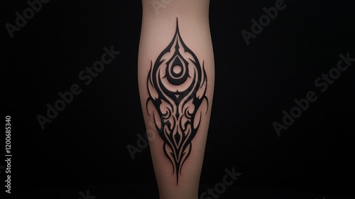 Black Tribal Calf Tattoo Design with Eye Motif photo