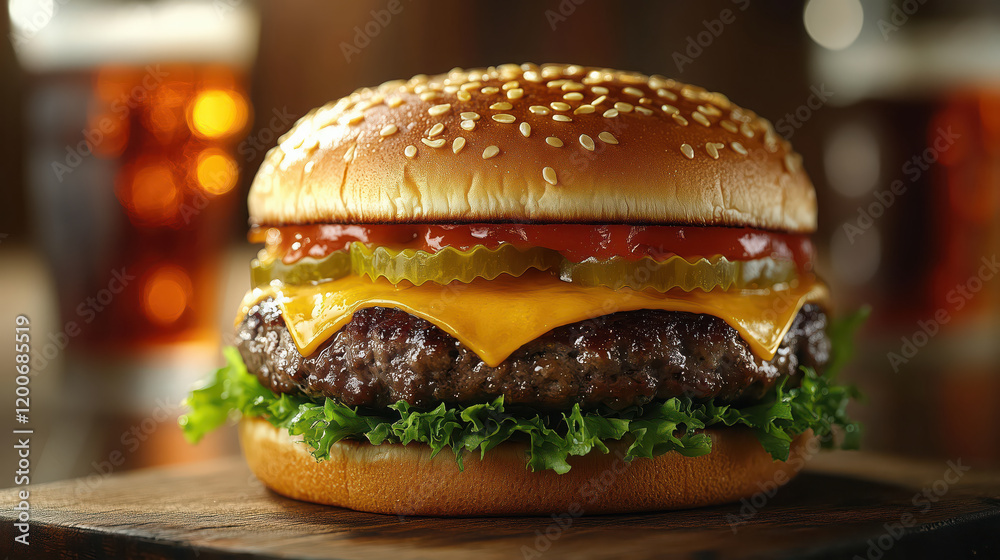 Photography of a commercial shot of an American-style cheeseburger on a table board in front of glass glasses filled with soda. Photography of a commercial shot of an American-style cheeseburger on a table board in front of glass glasses filled with soda.