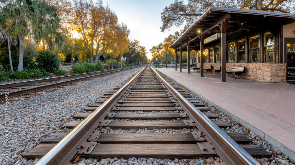 Historic train station with tracks leading into sunset Historic train station with tracks leading into sunset