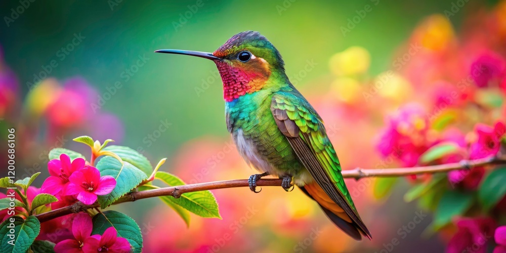 Fototapeta premium Captivating Hummingbird on a Branch: Nature's Jewel in Vibrant Colors, Wildlife Photography, Birdwatching, and Natural Habitat