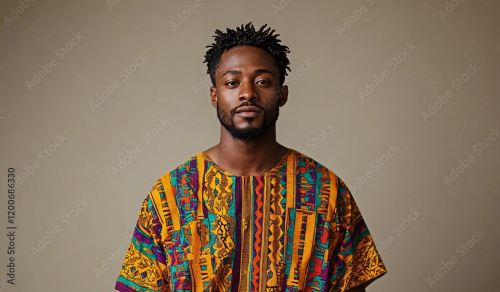 Fototapeta premium A confident African man in vibrant traditional attire against a light beige backdrop, suitable for cultural events, fashion promotions, or identity celebrations.