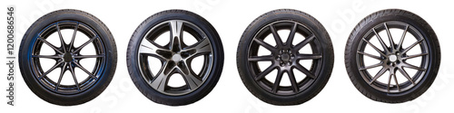 Set of stylish car wheels with modern rims isolated on transparent background
